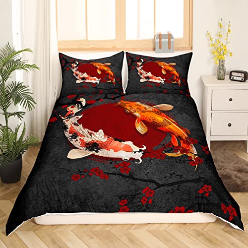 Manfei Koi Fish Duvet Cover Set Full 80x90 - 2 Pillowcases, Red Black 3D Print