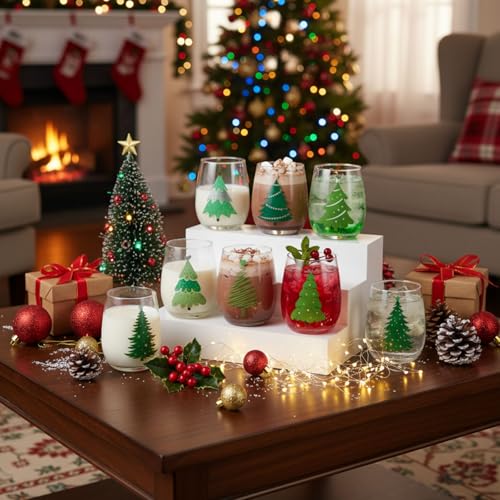 Umigy 8 Pcs Xmas Tree Stemless Wine Glasses 15 oz Green Silver Xmas Theme
