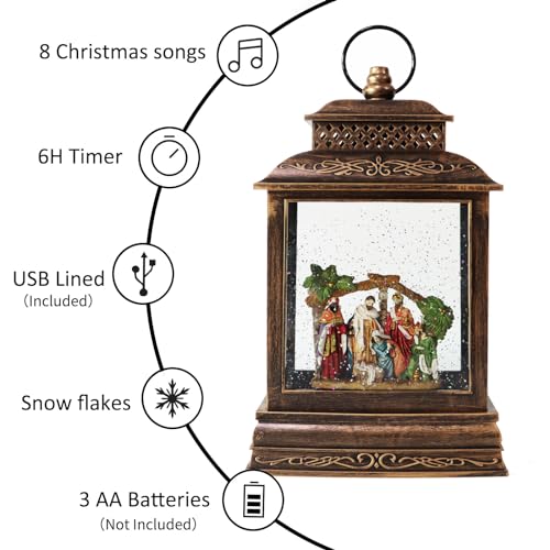 EYZH Christmas Nativity Snow Globe Lantern with 6-Hour Timer, Musical Lighted Nativity Scene, 11.75 Inch USB Decor