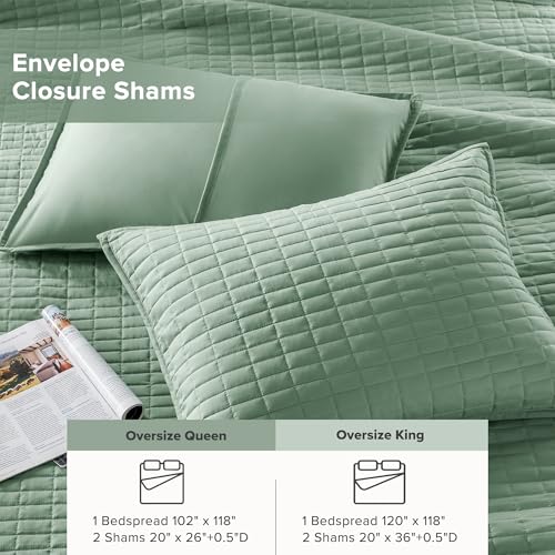 Queen Oversized Bedspread Quilt Set - Soft Sage Green Coverlet