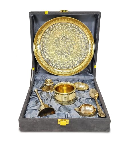 6-Inch Brass Pooja Thali Set with Ritual Items in Velvet Gift Box