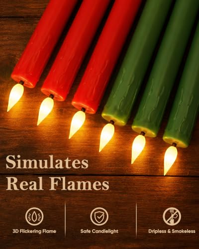 Homemory Real Wax 9.6 In Flameless Taper Candles, Red & Green with Remote Timer (Drip Taper), 6 Pack