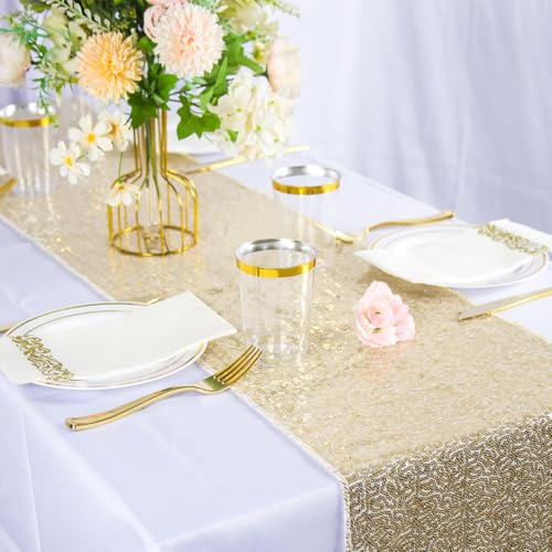 CHHEART Champagne Gold 12x120 Inch Sequin Table Runners (Pack of 6)