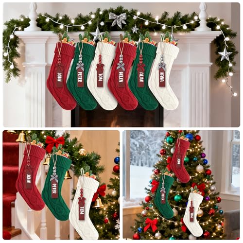 LumaBria 2-Pack 18-Inch Green Cable Knit Personalized Christmas Stockings with Wooden Name Tags