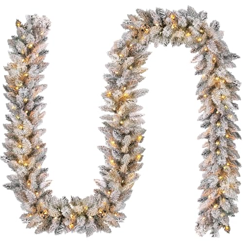 Snow Flocked 9ft Battery-Operated Pre-Lit Christmas Garland with Warm LEDs