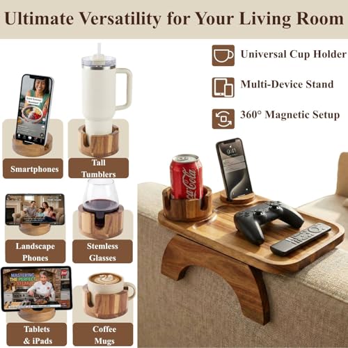 Acacia Wood Couch Armrest Tray with Rotating Phone & Cup Holder