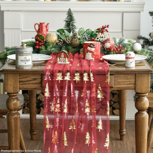 3PCS Red Gold Christmas Tree Gauze Table Runner 28 x 120 Inch Seasonal Holiday Decor