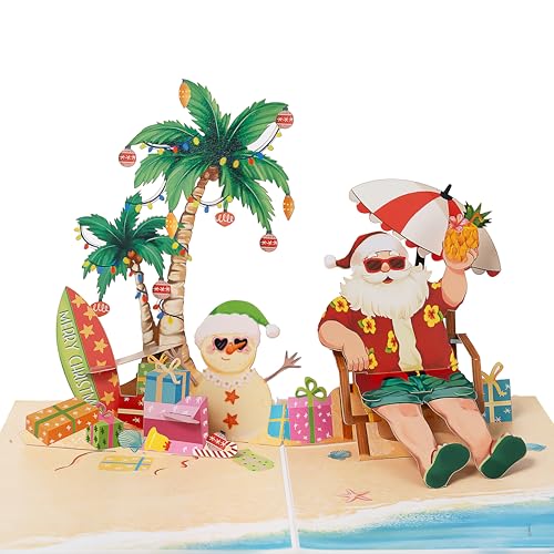 Tropical Santa Pop Up Card – 5x7 with Envelope | Includes Tropical Beach Scene Card (Variation: Tropical Santa) by POPWOW