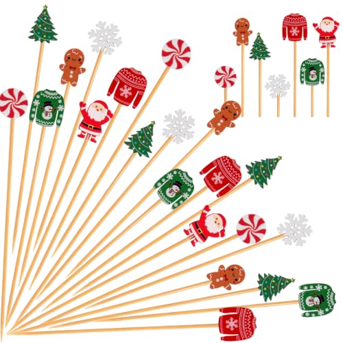Jouaeo 100Pcs Christmas Cocktail Picks 7 Styles Bamboo Toothpicks for Appetizers & Cocktails