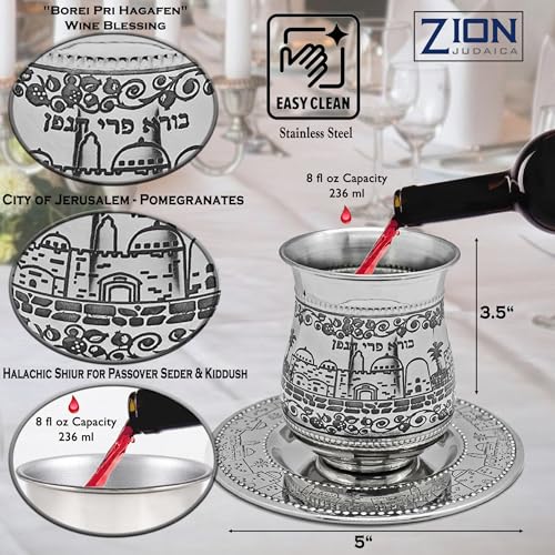 Jerusalem Jerusalem Jerusalem Stainless Steel Kiddush Cup Set with Tray - Kosher for Passover & Yom Tov