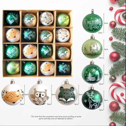 16ct Green Christmas Ball Ornaments Set with Gift Box – Shatterproof Forest Animal Theme, 2.4”