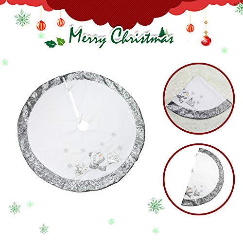 WEWILL 48'' Large Luxury Snowman Christmas Tree Skirt with Satin Border Embroidered Snowflakes