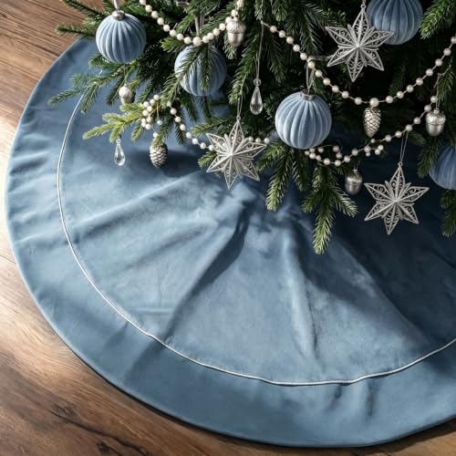 Blue and Silver Christmas Tree Skirt 48 Inch Luxury Velvet for Winter Holiday Decor