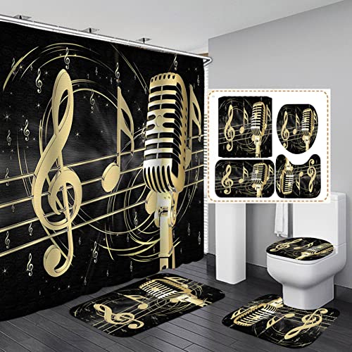 Musical Note Shower Curtain Set with Rugs & Hooks - 4 Piece Bath Decor
