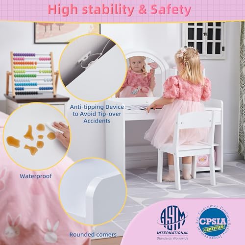 Kids Vanity Set with Lighted Mirror, Drawer, and Stool - White