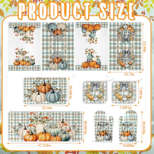 10-Piece Pumpkin Kitchen Decor Set - Autumn Dish Towels, Mats, and Oven Mitts