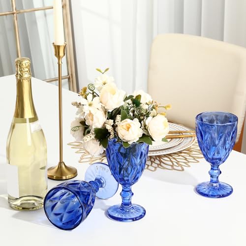 Vintage Embossed Blue Glass Goblets - 10 oz Stemmed Wine Glasses, Set of 12