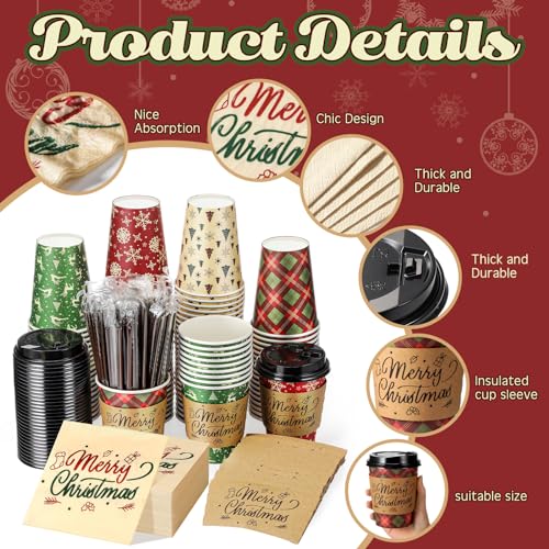 Hushee 100 Set 12 oz Christmas Disposable Coffee Cups with Black Lids