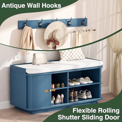 Entryway Hall Tree with Padded Bench, Shoe Storage, and 5 Metal Hooks