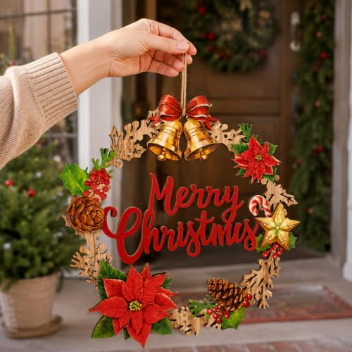 SWEKKE Style7 Christmas Wooden Door Sign - Hanging Wreath Decor with Bells, Poinsettia & Pine Cone