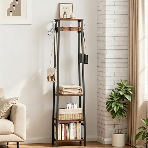 Freestanding Hall Tree with 3 Shelves and 7 Hooks, Industrial Coat Rack
