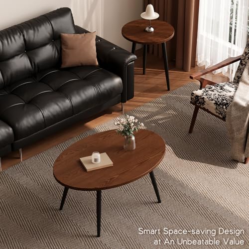 2-Piece Nesting Coffee Table Set, Mid-Century Modern Walnut Oval Tables