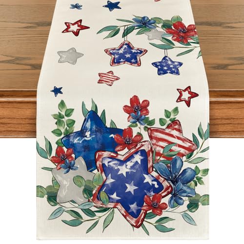 Artoid Mode Eucalyptus Flowers Stars 13x72 Inch Patriotic Table Runner beige
