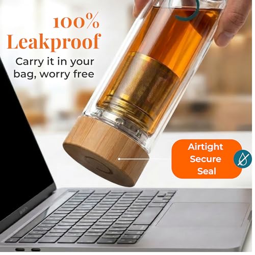 Pure Zen Tea Glass Infuser Bottle – Leakproof Travel Tea Tumbler with Stainless Steel Strainer, 15 oz