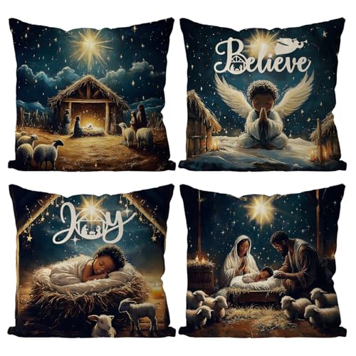 QIONG MENG Black Santa Christmas Pillow Covers 18x18 in Set of 4 - Front Pattern, Holiday Decor