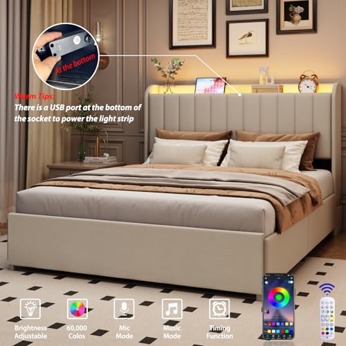 Full Size Upholstered Platform Bed Frame with 4 Storage Drawers & LED Lights