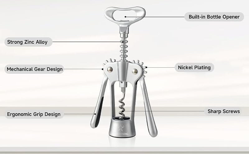 Heavy Duty Wing Corkscrew Wine Opener - Matte Silver, Stainless Steel