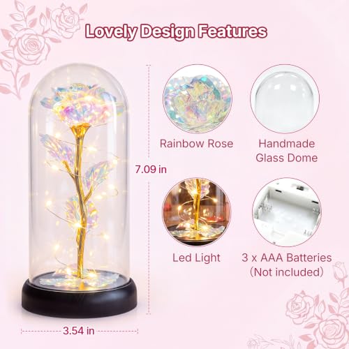 Otlonpe Colorful Preserved Glass Rose Flower Gift for Women, 7.1 Inch