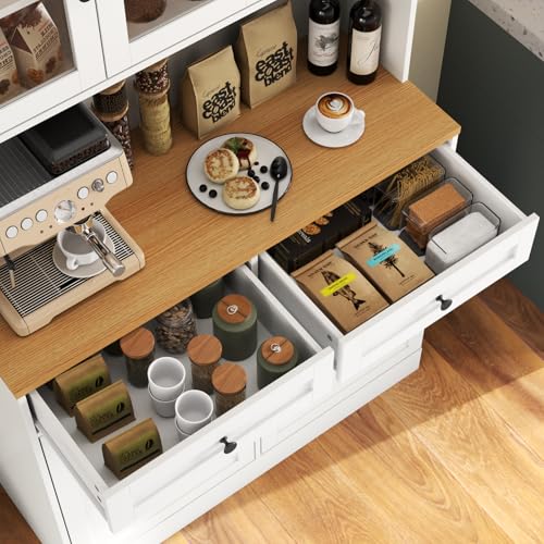 Tall Kitchen Pantry Cabinet with Microwave Stand and Glass Doors