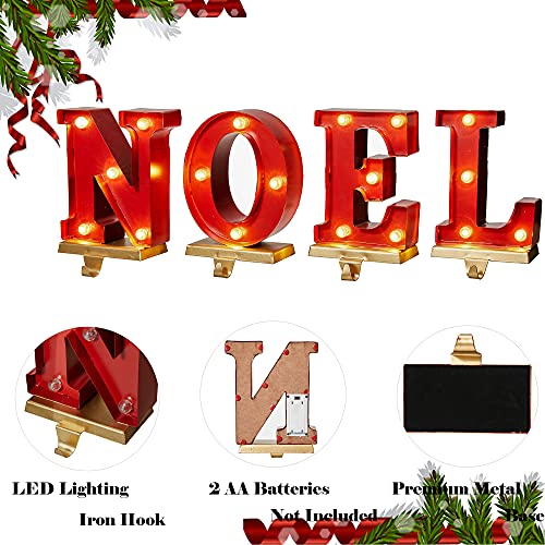 Red Noel Christmas Stocking Holders Set of 4 - Decorative Metal & Wooden Hangers for Fireplace Mantel