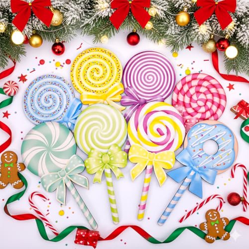 8Pcs Christmas Candyland Candy Cane Ornaments - Large Peppermint Lollipop Tree Picks