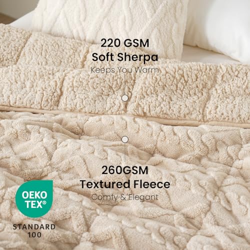 15lb Queen Size Weighted Blanket - Soft Jacquard Sherpa Beige Throw