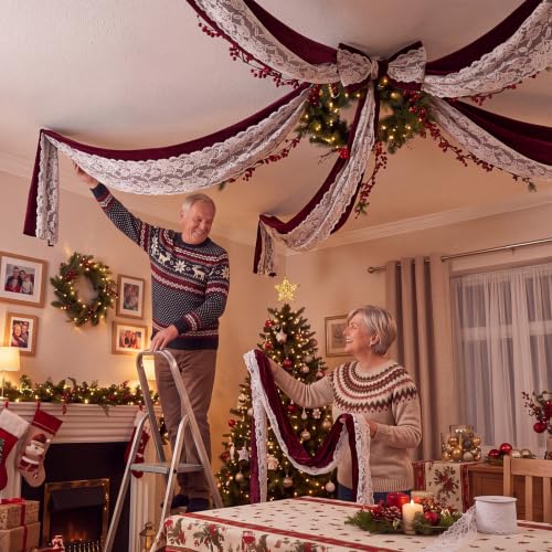 Yunlly Burgundy Velvet and Lace Ceiling Decorations - 6 Panels Christmas Drapes