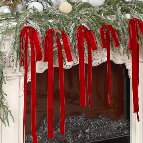 Janinka Red Velvet Christmas Bow Set - 12 Decorative Holiday Ornaments