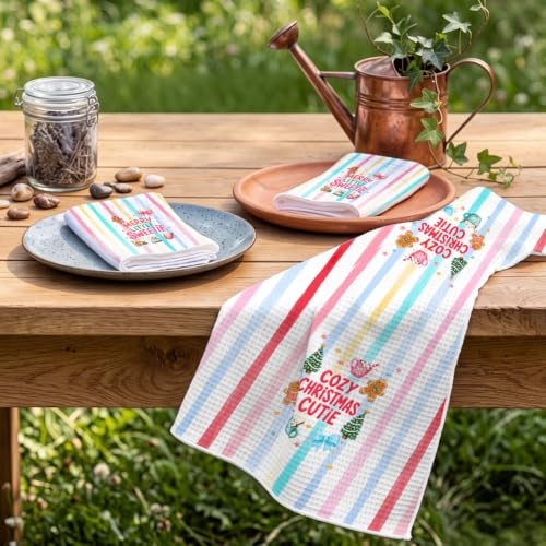 GHUSDFM Retro Pink Christmas Kitchen Towels - 2 Pack, Striped Cute Dish Towels, Christmas Sweetie 786