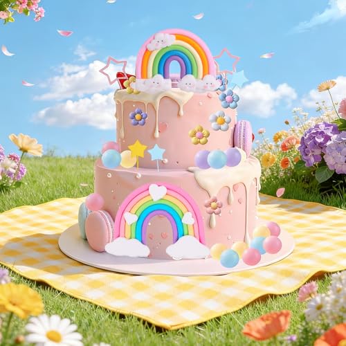 39-Piece Rainbow Cake Topper Set with Pastel Balls and Daisy Flowers
