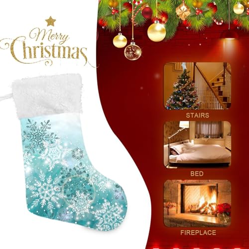 ALAZA Personalized Silver Teal Christmas Stocking 17.7" with Snowflakes - Family Holiday Decor