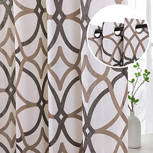 H.VERSAILTEX Linen Curtain 84 Inch Length 2 Panel Linen Sheer Curtains Textured Flax Window Curtain Draps for Living Room, Privacy Modern Printed Grommet Grapes Geometric Taupe/Brown