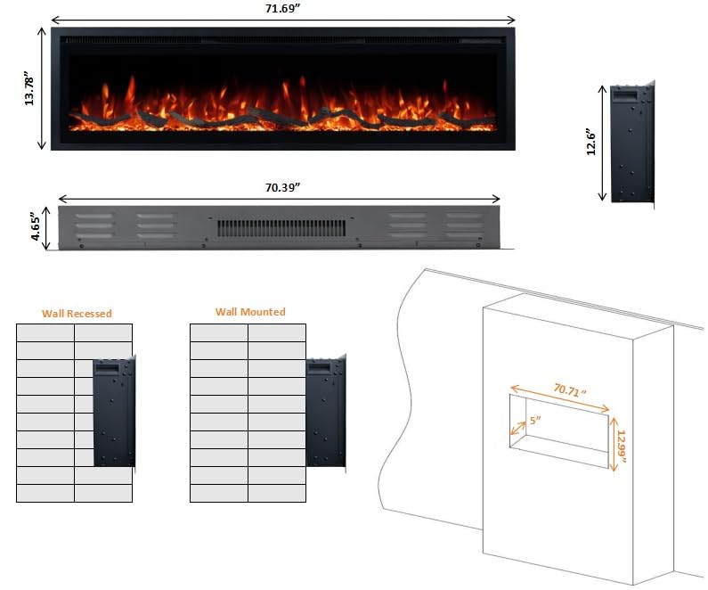 72-Inch Linear Electric Fireplace - Recessed Wall Mount with Smart App
