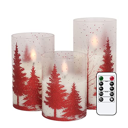 Red Christmas Tree Flameless Candles with Remote & Timer - Frosted Glass, 3 Inches, Set of 1-3