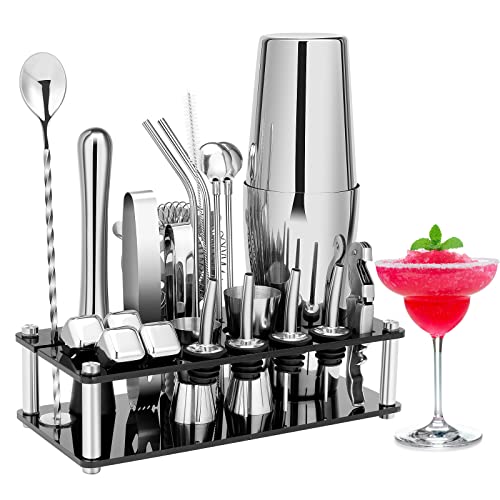 KINGROW Silver Cocktail Shaker Set 23-Piece Bartender Kit with Stand, Professional Bar Tools