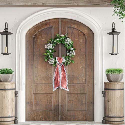 Red and White Buffalo Plaid Wreath Sash for Front Door Decor (5x54 In)