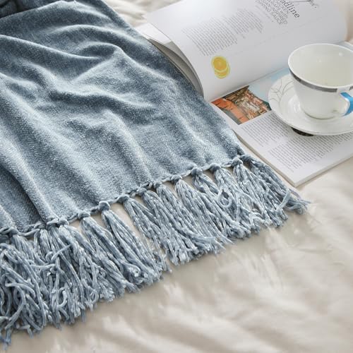 Chenille Throw Blanket with Fringe, Dusty Blue Plush Sofa Throw 50"x60"