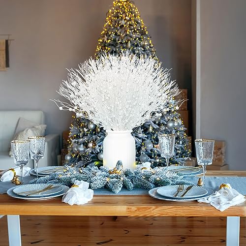 White 60 Pcs Winter Glitter Berry Stem Decorations - 17in Each