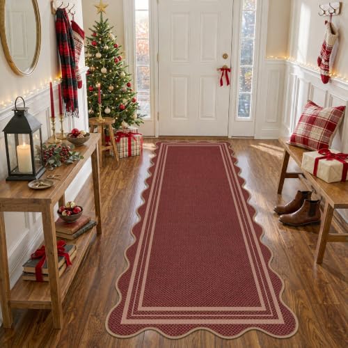 LORWER 2' x 6' Red Scalloped Christmas Runner Rug, Non-Slip Indoor/Outdoor Farmhouse Entryway