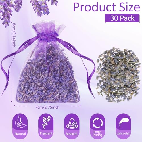 30 Pack Dried Lavender Sachets for Drawers and Closets, Natural Scent